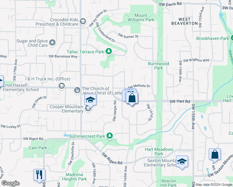map of restaurants, bars, coffee shops, grocery stores, and more near 7385 Southwest 165th Avenue in Beaverton