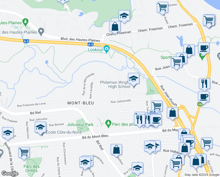 map of restaurants, bars, coffee shops, grocery stores, and more near 26 Rue de Deauville in Gatineau