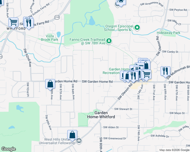 map of restaurants, bars, coffee shops, grocery stores, and more near 7430 Southwest 81st Avenue in Tigard