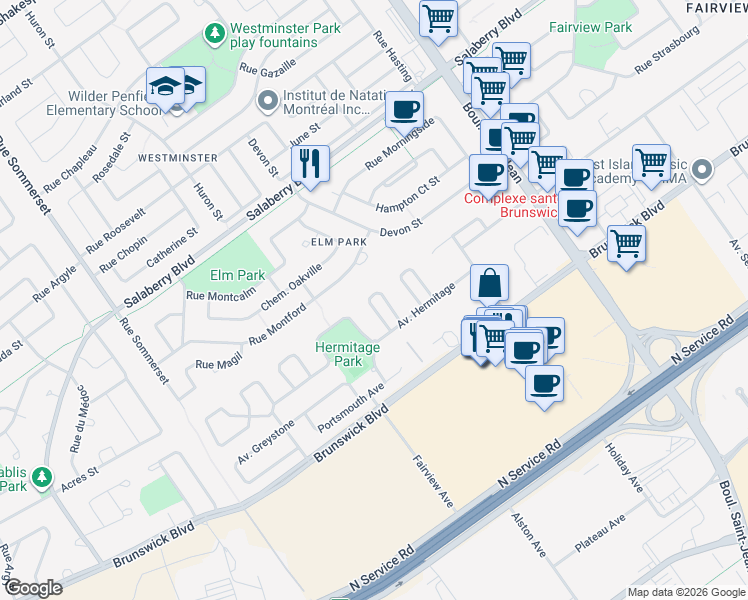 map of restaurants, bars, coffee shops, grocery stores, and more near 37 Carmel Crescent in Pointe-Claire