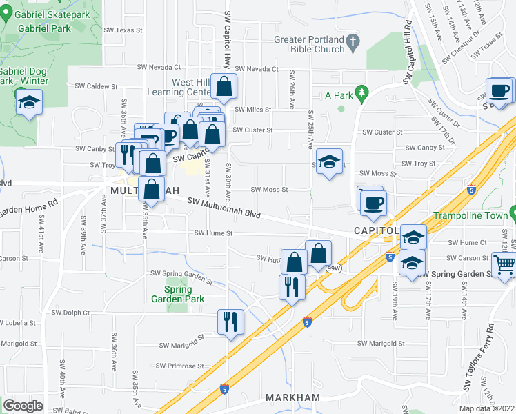 map of restaurants, bars, coffee shops, grocery stores, and more near 7952 Southwest 28th Avenue in Portland