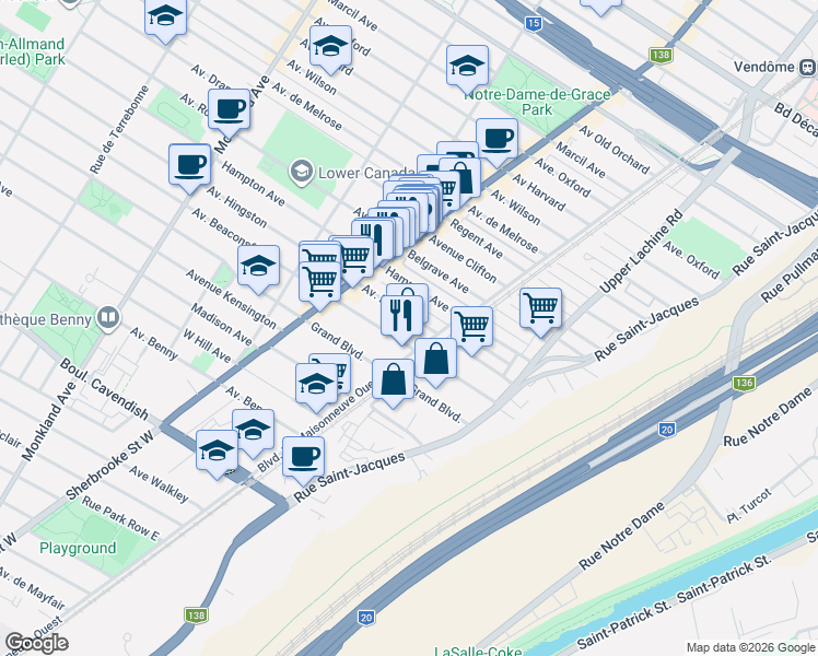 map of restaurants, bars, coffee shops, grocery stores, and more near 2250 Avenue Hingston in Montréal