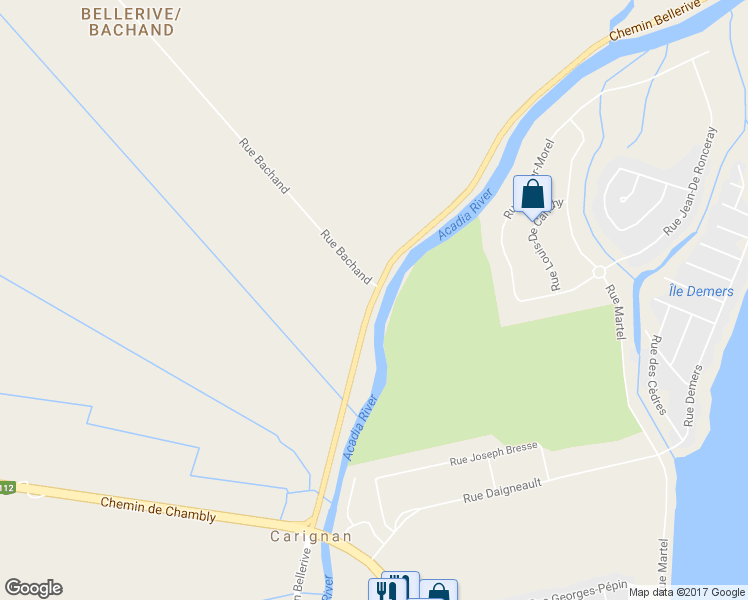 map of restaurants, bars, coffee shops, grocery stores, and more near 2430 Chemin Bellerive in Carignan