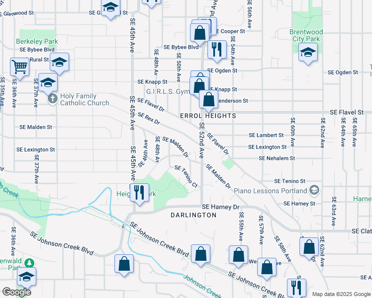 map of restaurants, bars, coffee shops, grocery stores, and more near 4965 Southeast Malden Drive in Portland