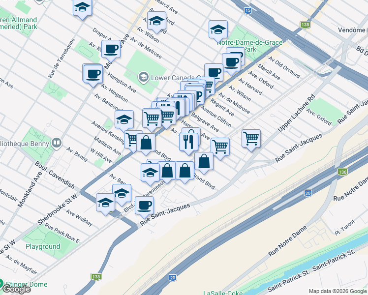 map of restaurants, bars, coffee shops, grocery stores, and more near 2279 Avenue Beaconsfield in Montréal