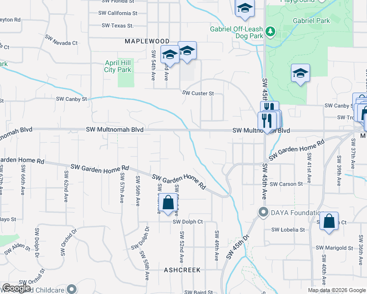 map of restaurants, bars, coffee shops, grocery stores, and more near 5130-5156 Southwest Multnomah Boulevard in Portland