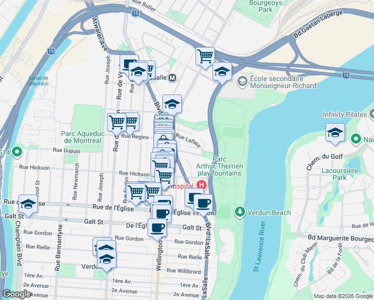 map of restaurants, bars, coffee shops, grocery stores, and more near 79 Rue Troy in Montréal