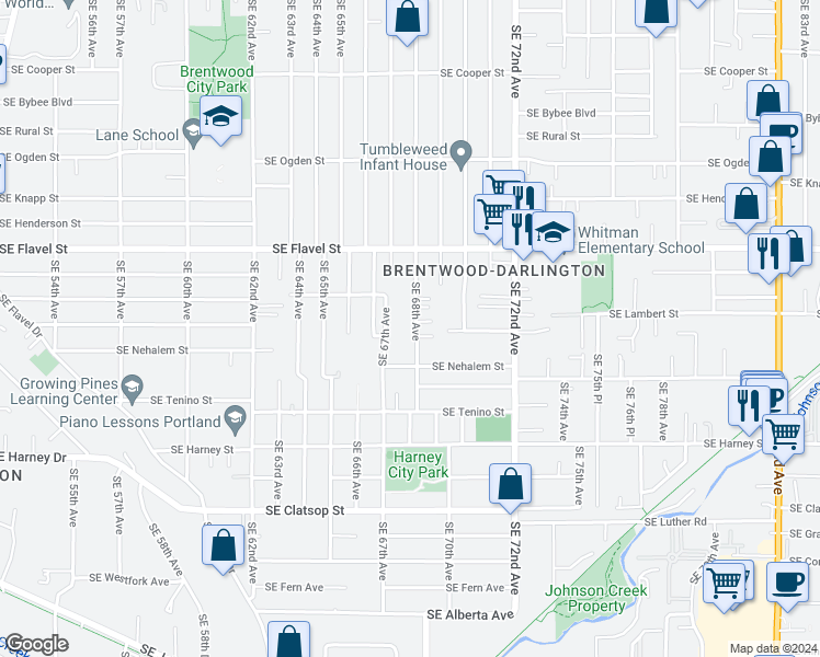 map of restaurants, bars, coffee shops, grocery stores, and more near 7863 Southeast 68th Avenue in Portland