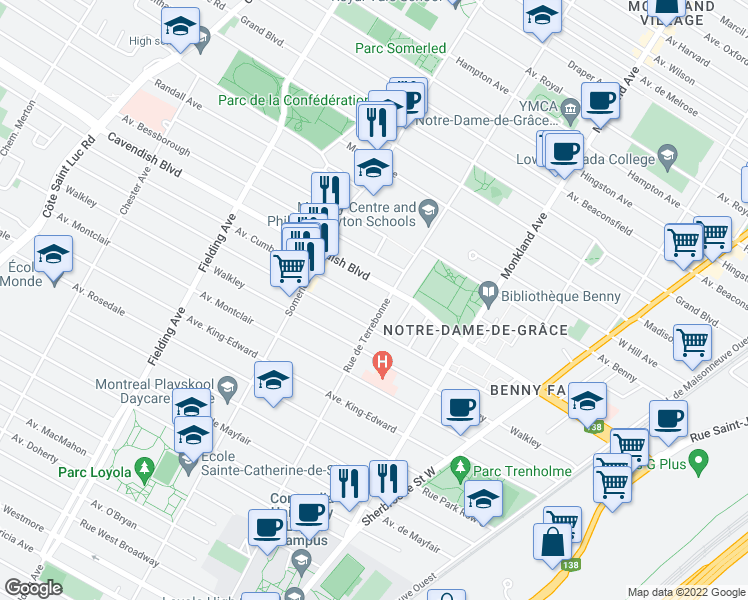 map of restaurants, bars, coffee shops, grocery stores, and more near 4535 Avenue Cumberland in Montréal