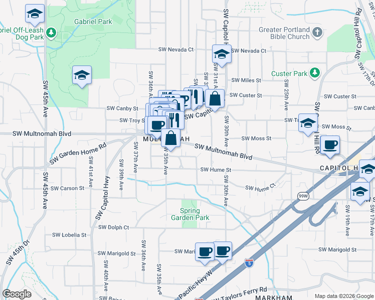 map of restaurants, bars, coffee shops, grocery stores, and more near 3309 Southwest Falcon Street in Portland