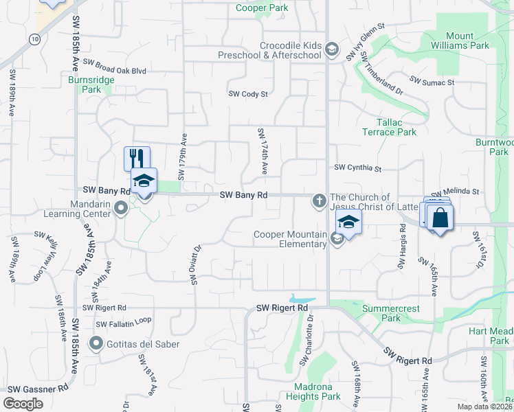 map of restaurants, bars, coffee shops, grocery stores, and more near 7396 Southwest 175th Terrace in Beaverton