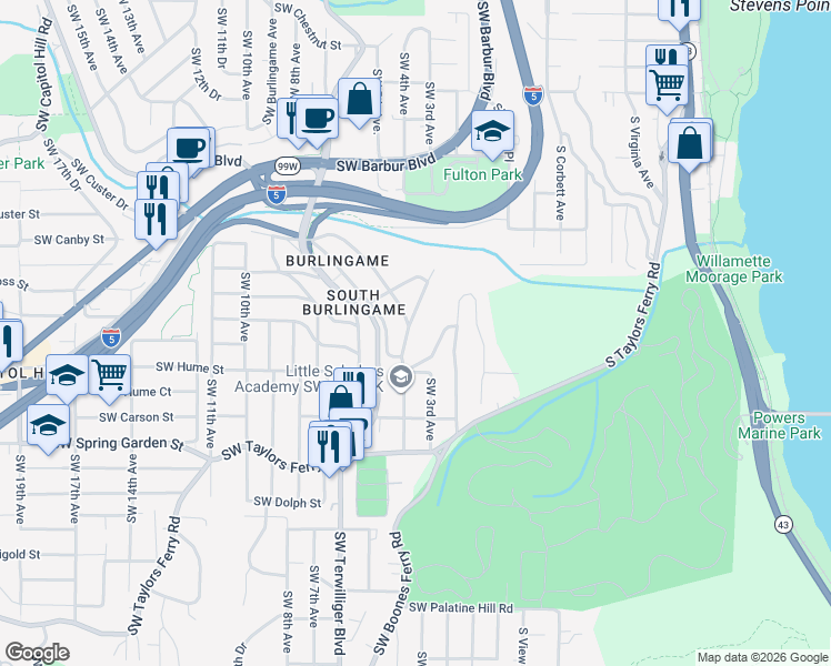 map of restaurants, bars, coffee shops, grocery stores, and more near 8030 Southwest 4th Avenue in Portland