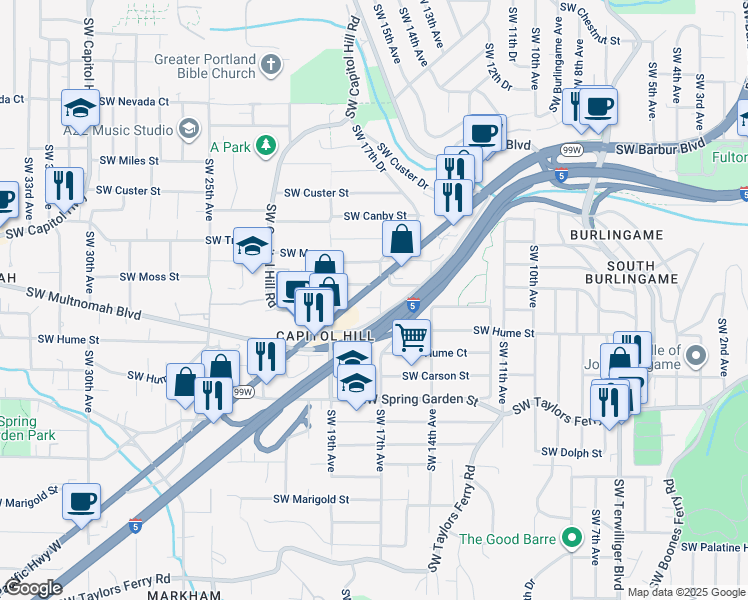 map of restaurants, bars, coffee shops, grocery stores, and more near 8029a Southwest 17th Avenue in Portland