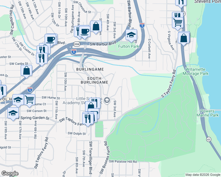map of restaurants, bars, coffee shops, grocery stores, and more near 8030 Southwest 4th Avenue in Portland