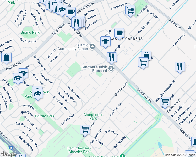 map of restaurants, bars, coffee shops, grocery stores, and more near Booker in Brossard