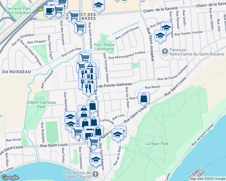 map of restaurants, bars, coffee shops, grocery stores, and more near 30 Rue Claire in Gatineau