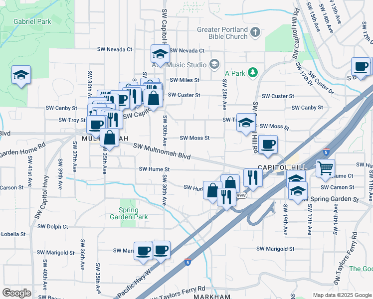 map of restaurants, bars, coffee shops, grocery stores, and more near 7946 Southwest 28th Avenue in Portland