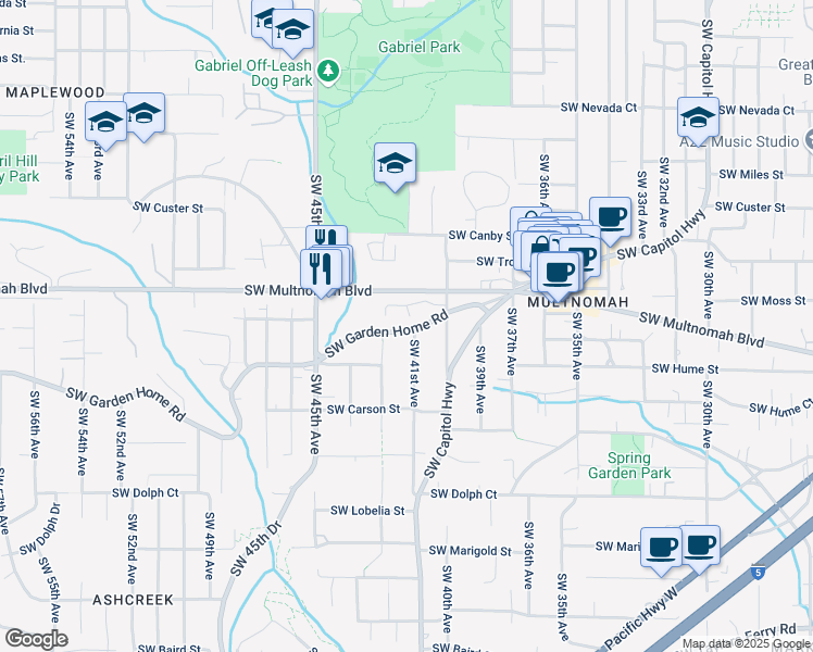 map of restaurants, bars, coffee shops, grocery stores, and more near 4107 Southwest Garden Home Road in Portland