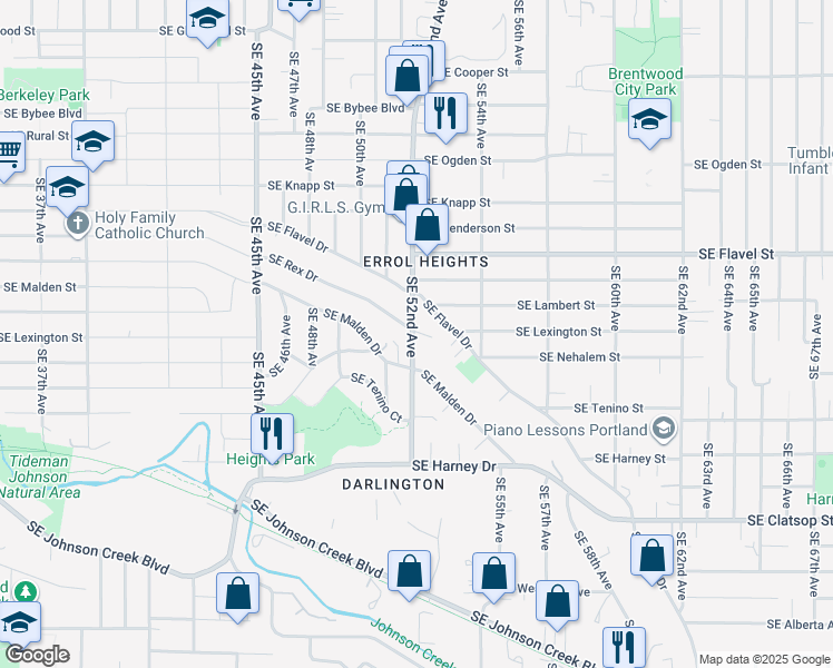 map of restaurants, bars, coffee shops, grocery stores, and more near 7818 Southeast 52nd Avenue in Portland
