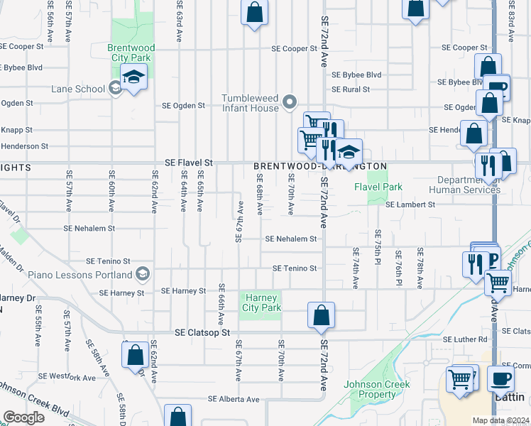 map of restaurants, bars, coffee shops, grocery stores, and more near 7863 Southeast 68th Avenue in Portland