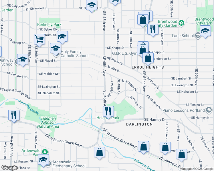 map of restaurants, bars, coffee shops, grocery stores, and more near 4445 Southeast Lexington Street in Portland