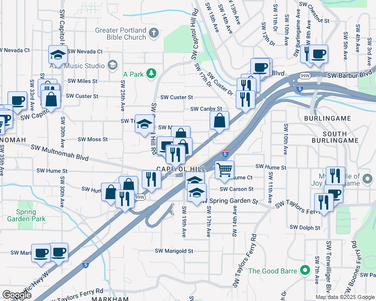 map of restaurants, bars, coffee shops, grocery stores, and more near in Portland