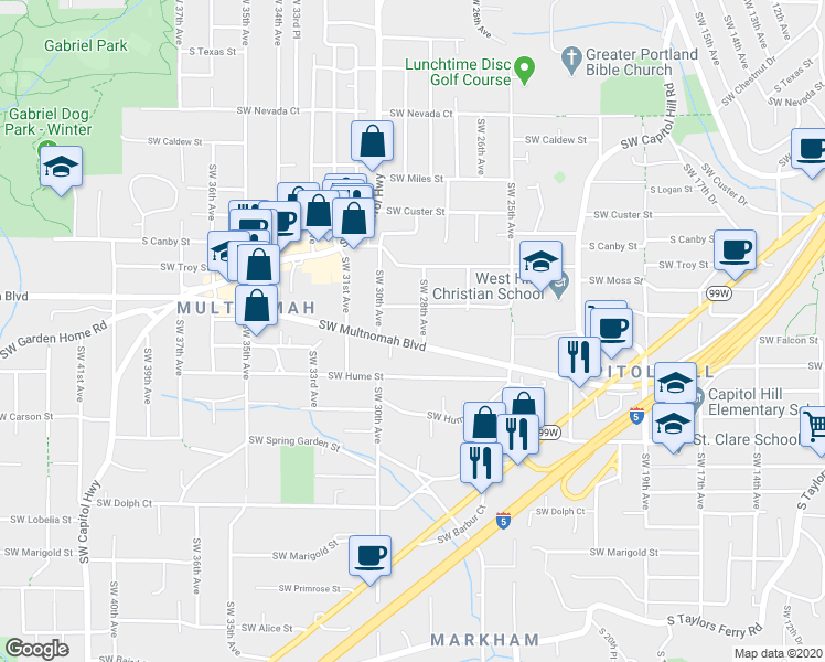 map of restaurants, bars, coffee shops, grocery stores, and more near 7946 Southwest 28th Avenue in Portland