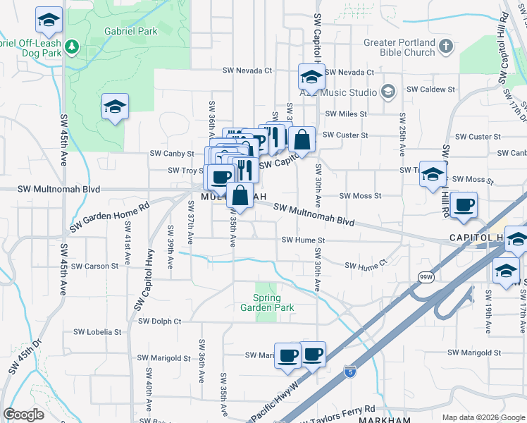 map of restaurants, bars, coffee shops, grocery stores, and more near 3309 Southwest Falcon Street in Portland