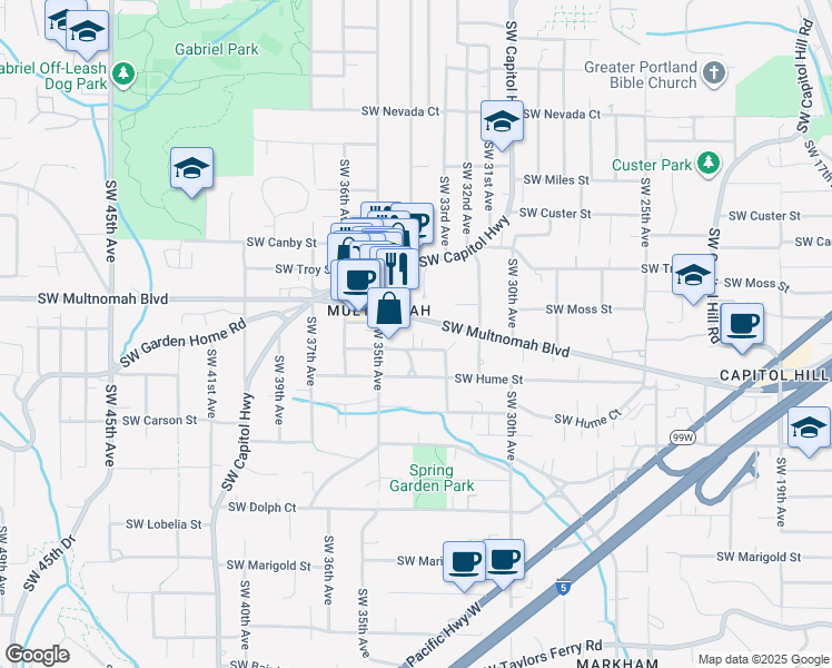map of restaurants, bars, coffee shops, grocery stores, and more near 8020 Southwest 36th Avenue in Portland