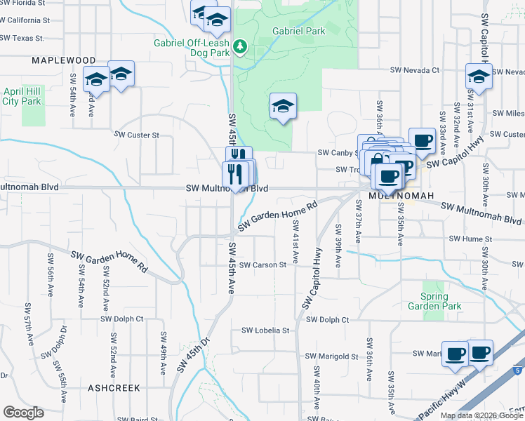 map of restaurants, bars, coffee shops, grocery stores, and more near 4221 Southwest Garden Home Road in Portland