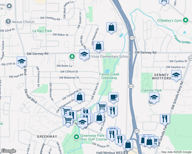 map of restaurants, bars, coffee shops, grocery stores, and more near 7375 Southwest Bel Aire Drive in Beaverton
