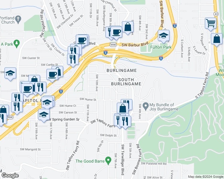 map of restaurants, bars, coffee shops, grocery stores, and more near 746 Southwest Evans Street in Portland