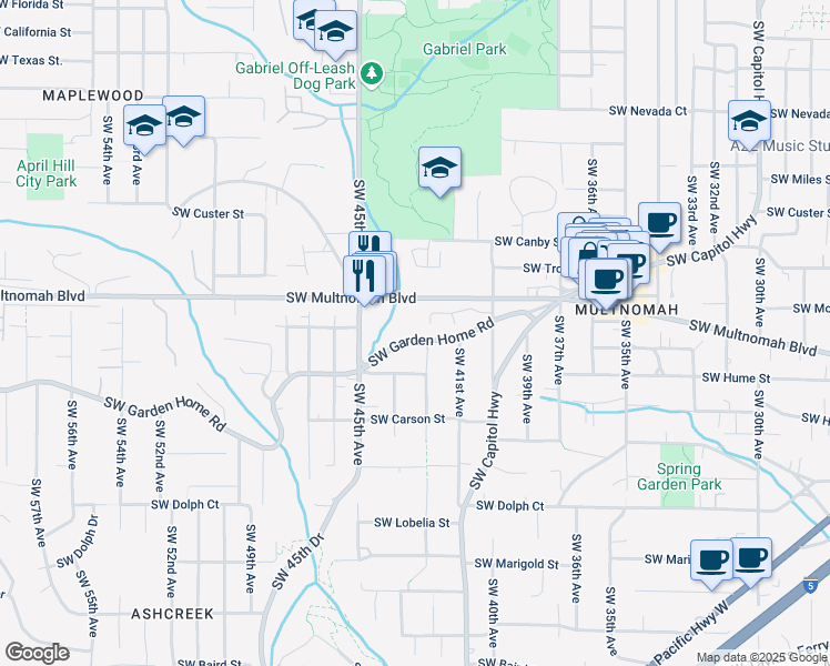 map of restaurants, bars, coffee shops, grocery stores, and more near 4221 Southwest Garden Home Road in Portland