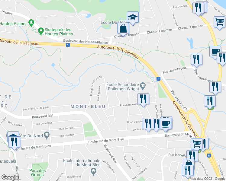 map of restaurants, bars, coffee shops, grocery stores, and more near 29 Rue de Deauville in Gatineau