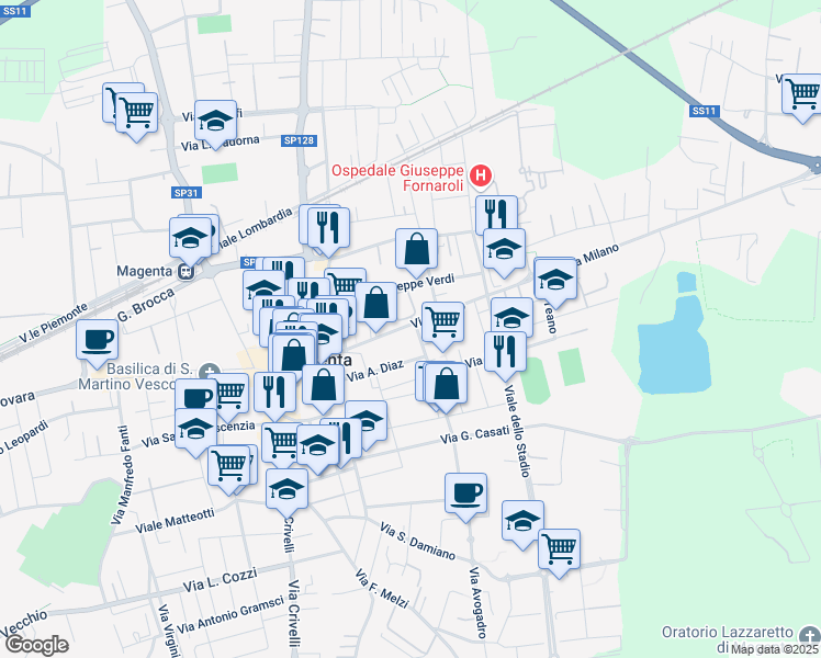 map of restaurants, bars, coffee shops, grocery stores, and more near 15-17 Via Milano in Magenta