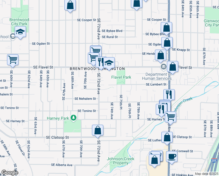 map of restaurants, bars, coffee shops, grocery stores, and more near 7898 Southeast 72nd Avenue in Portland