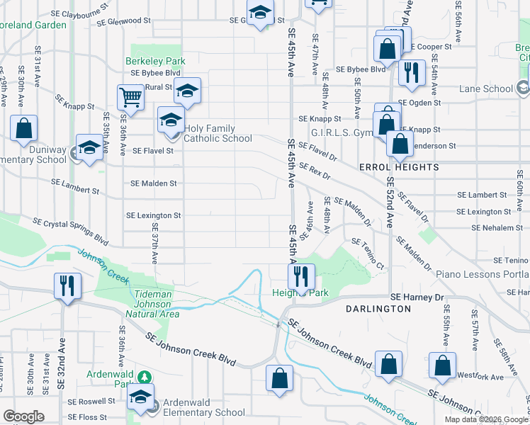 map of restaurants, bars, coffee shops, grocery stores, and more near 4333 Southeast Lexington Street in Portland