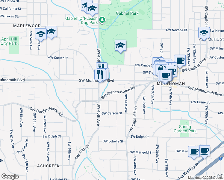 map of restaurants, bars, coffee shops, grocery stores, and more near 4221 Southwest Garden Home Road in Portland