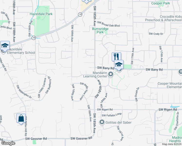 map of restaurants, bars, coffee shops, grocery stores, and more near 18569 Southwest Hart Road in Beaverton