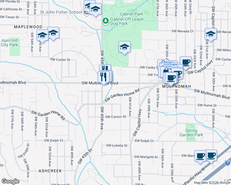 map of restaurants, bars, coffee shops, grocery stores, and more near 4239 Southwest Garden Home Road in Portland