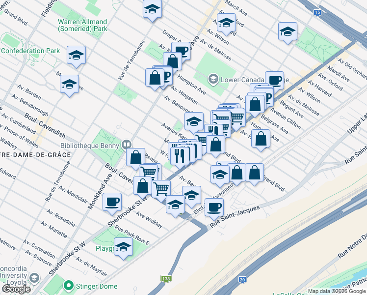 map of restaurants, bars, coffee shops, grocery stores, and more near 4045 Avenue Madison in Montréal