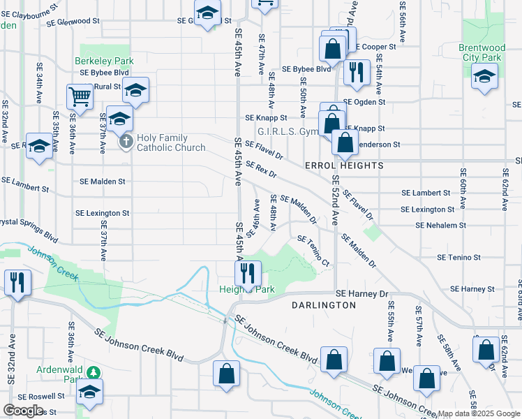map of restaurants, bars, coffee shops, grocery stores, and more near 7866 Southeast 46th Avenue in Portland