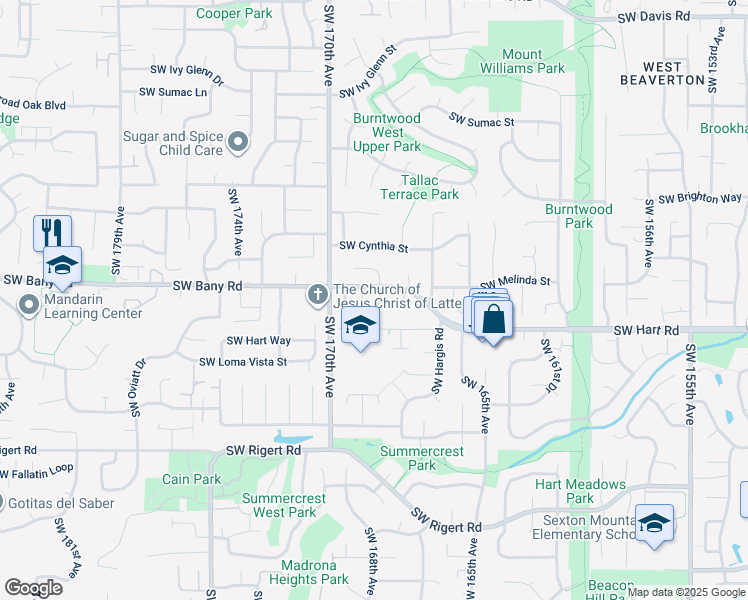 map of restaurants, bars, coffee shops, grocery stores, and more near 16817 Southwest Tallac Way in Beaverton