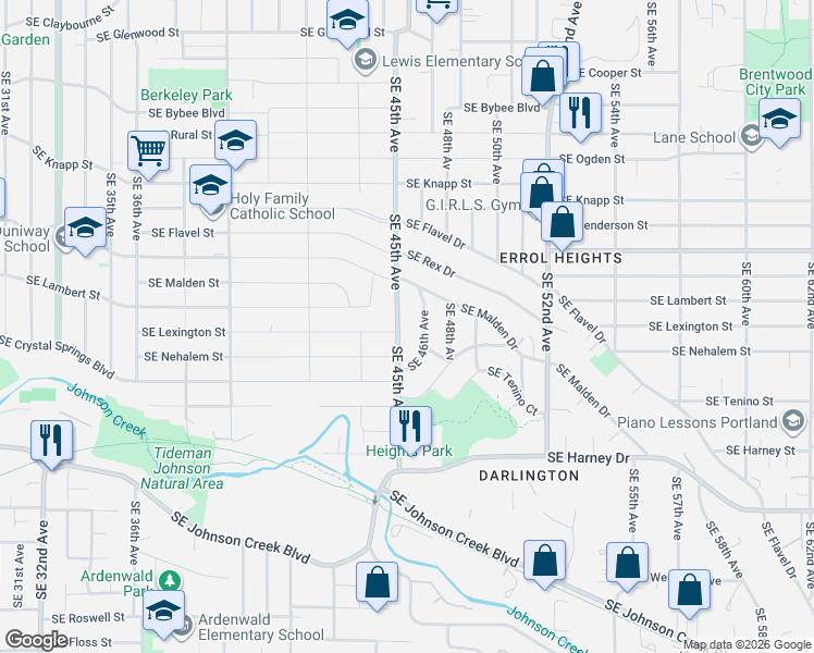 map of restaurants, bars, coffee shops, grocery stores, and more near 4445 Southeast Lexington Street in Portland