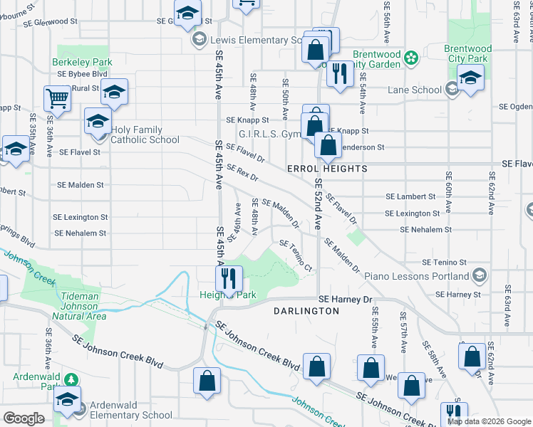 map of restaurants, bars, coffee shops, grocery stores, and more near 7833 Southeast 49th Avenue in Portland
