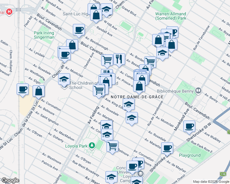 map of restaurants, bars, coffee shops, grocery stores, and more near 4921 Avenue Montclair in Montréal
