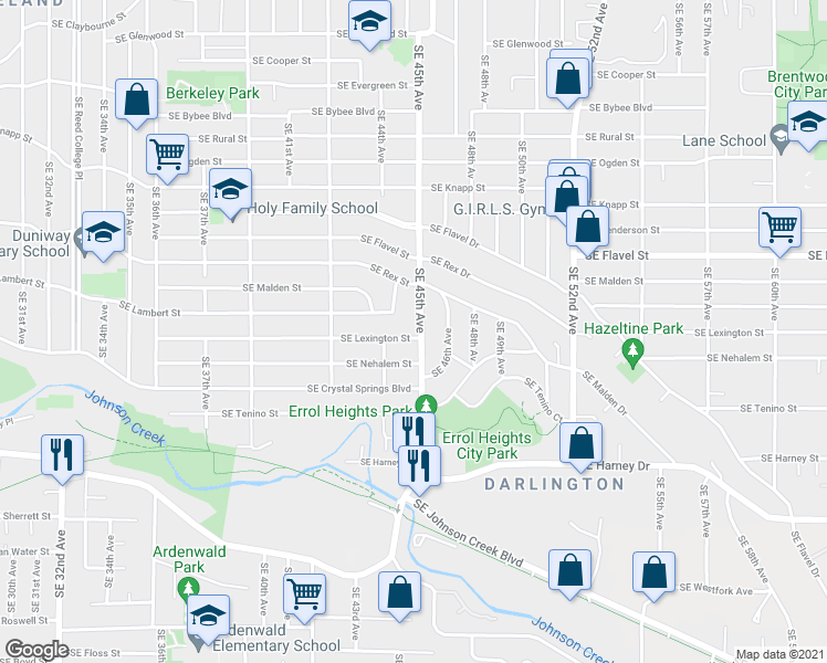 map of restaurants, bars, coffee shops, grocery stores, and more near 4445 Southeast Lexington Street in Portland