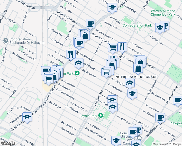 map of restaurants, bars, coffee shops, grocery stores, and more near 5255 Rosedale Avenue in Montreal