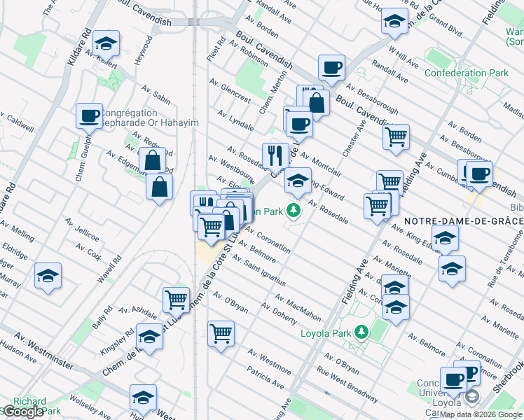 map of restaurants, bars, coffee shops, grocery stores, and more near 6950 Chemin de la Côte-Saint-Luc in Montréal