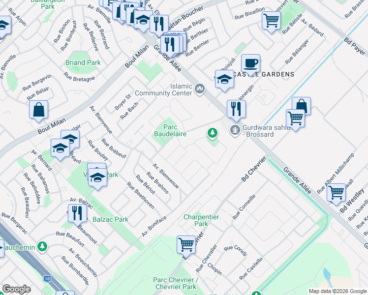 map of restaurants, bars, coffee shops, grocery stores, and more near 3980 Croissant Bazin in Brossard
